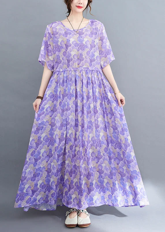 structured dressBoho Purple O-Neck Print Patchwork Cotton Long Dress Short Sleeve