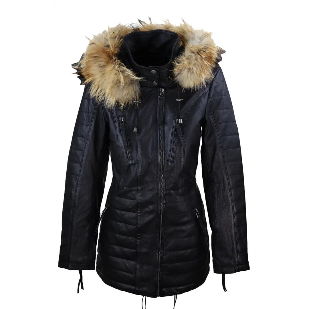 fashionable quilted coatLadies Real Leather Black Trench Mid Length Hood Raccoon Fur Winter Retro Jacket