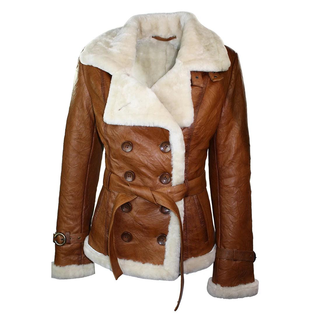 outdoor coatLadies Women Real Shearling Sheepskin Aviator Tan Brown Leather Jacket