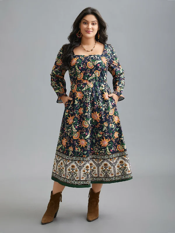 comfy dressSquare Neck Floral Boho Print Midi Dress