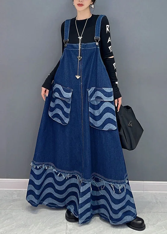 vintage dressLoose Blue Pockets Patchwork Denim Spaghetti Strap Dress Dresses Fall