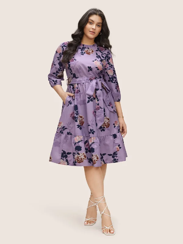 stylish party dressFloral Print Belted Pocket Frill Trim Dress