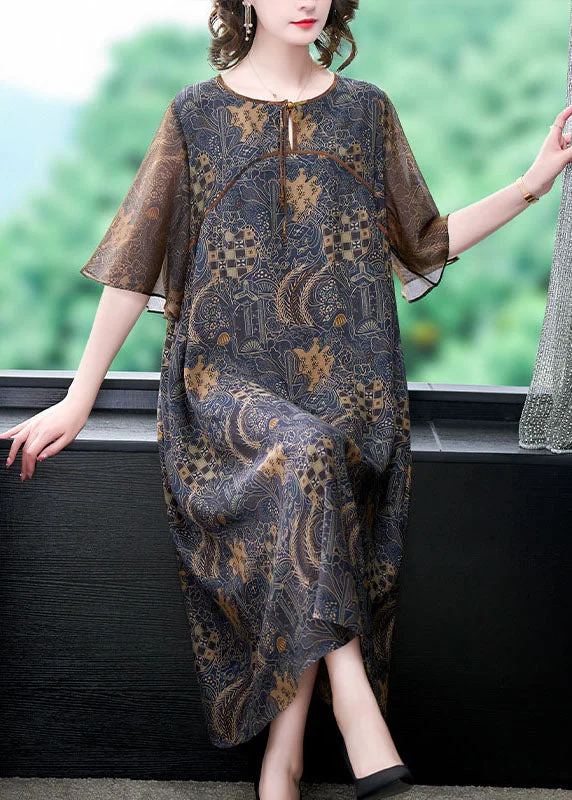 lace-up dressFine Colorblock O Neck Print Patchwork Silk Long Dress Summer