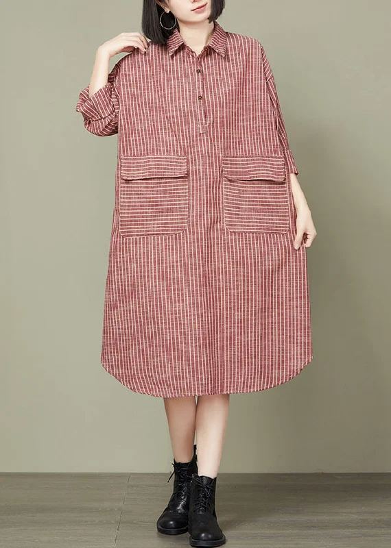 wrap dressLoose Red Striped Pockets Cotton Shirts Dress Long Sleeve