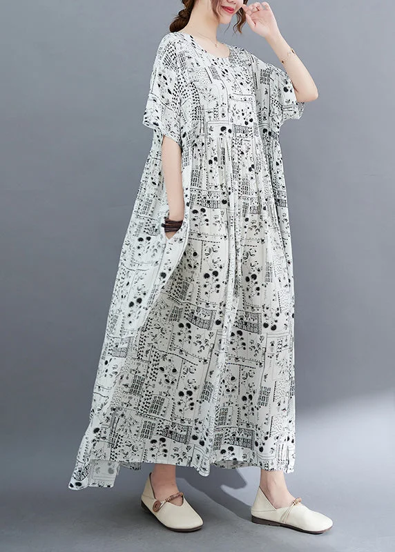 summer floral dressElegant White O-Neck Patchwork Wrinkled Party Maxi Dress Short Sleeve