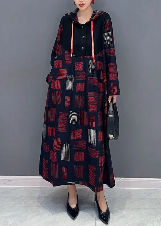 A-line dressWomen Red Hooded Plaid Patchwork Cotton Long Dress Fall