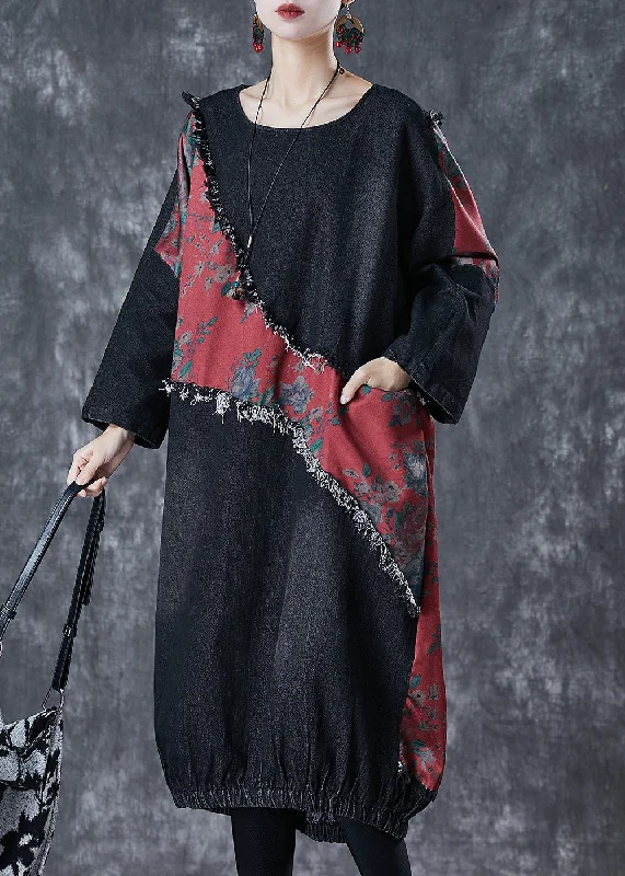 casual shift dressBohemian Black Asymmetrical Patchwork Denim Holiday Dress Fall