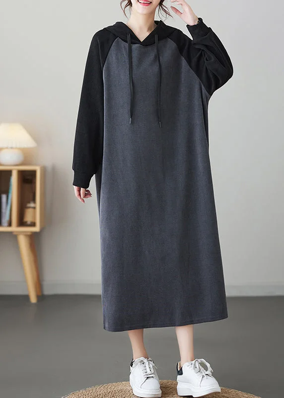 lace-up dressGrey Patchwork Loose Long Hooded Sweatshirt Dresses Winter