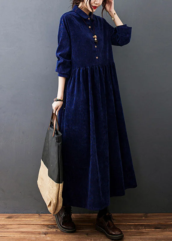 fitted bodycon dressFitted Navy Blue Peter Pan Collar Patchwork Corduroy Maxi Dresses Fall