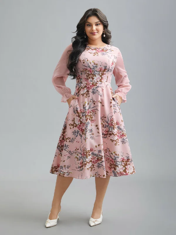 lace-up dressFloral Print Spliced Waist Cinched Midi Dress