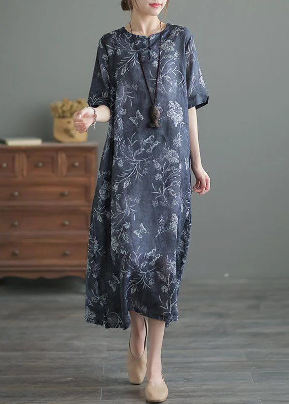 classic fit-and-flare dressVintage Navy O Neck Print Pockets Patchwork Linen Long Dresses Summer