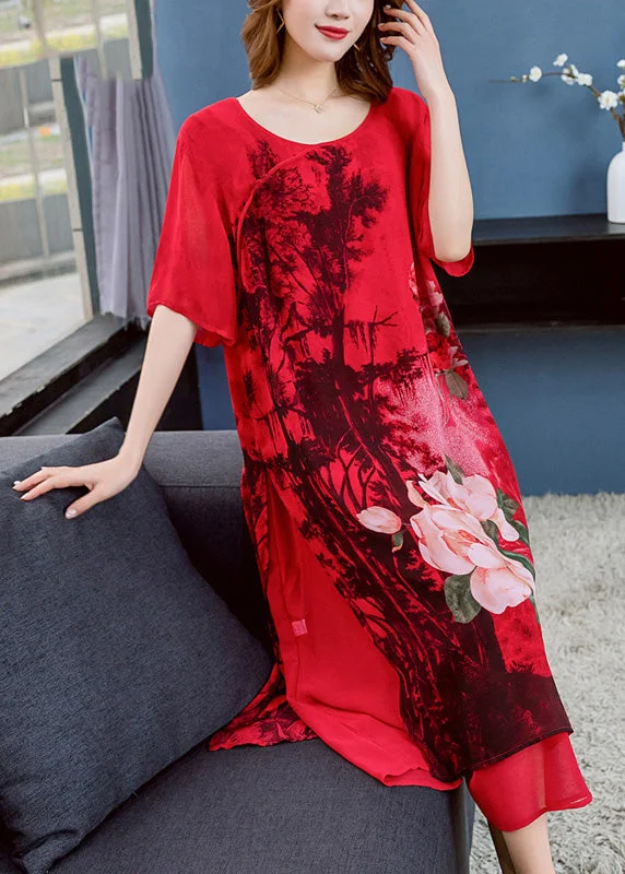 formal dressUnique Red O Neck Print Side Open Patchwork Chiffon Dress Summer