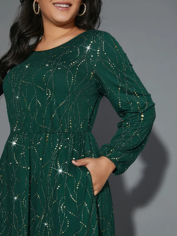 puff sleeve dressGlitter Crew Neck Waist-Cinched Dress