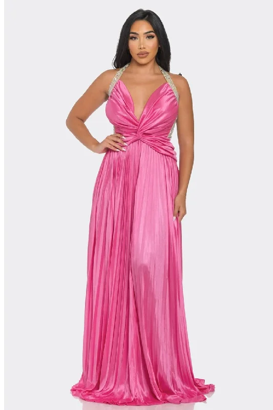 stylish party dressPretty in Pink Rhinestone Pleated Maxi Dress