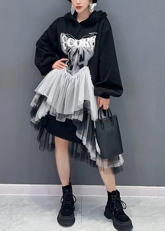 puff sleeve dressStyle Black Hooded Wrinkled Asymmetrical Tulle Patchwork Cotton Dresses Fall