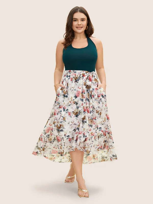 layered dressHalter Neck Patchwork Floral Belted Dress