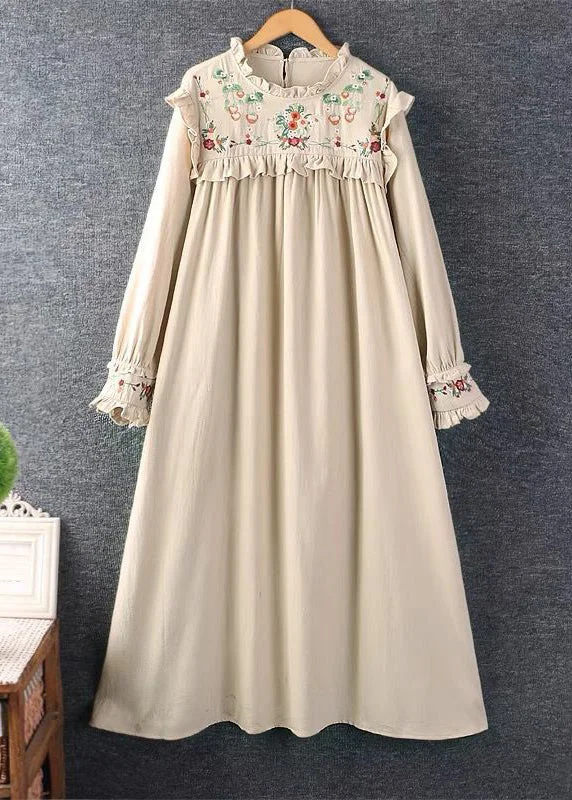 boho-chic dressNew Khaki Embroideried Ruffled Cotton Long Dresses Spring