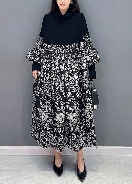 pleated maxi dressFrench Black Print Pockets Knit Patchwork Dress Long Sleeve