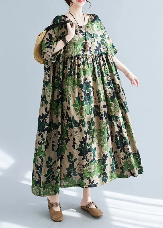 backless dressWomen Green Patchwork Print Cotton Maxi Dress Short Sleeve