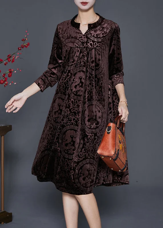 winter dressBohemian Chocolate V Neck Print Silk Velour Maxi Dresses Fall