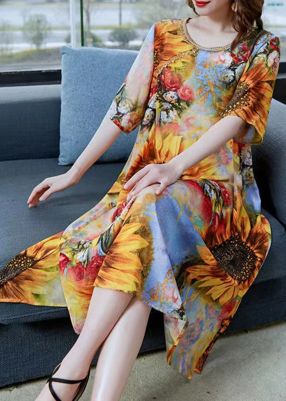 casual knit dressClassy Yellow The Sunflowers Print Patchwork Chiffon Dress Summer