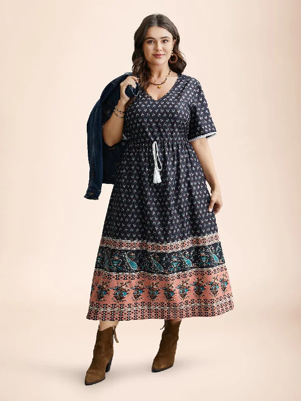 ruched dressBoho Print Tassel-Tie Pockets Midi Dress