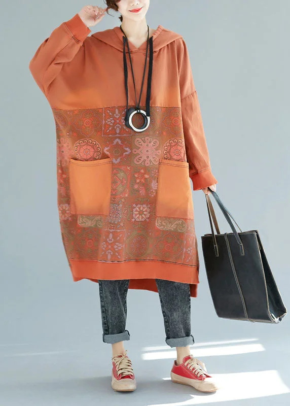 party-ready dressArt Orange Hooded Patchwork Cotton Dresses Spring