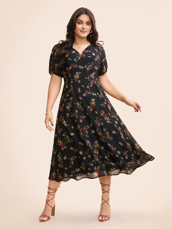 casual dressFloral Notched Chiffon Mesh Midi Dress