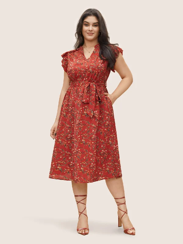 high-waisted dressDitsy Floral Frill Trim Notched Flutter Sleeve Dress