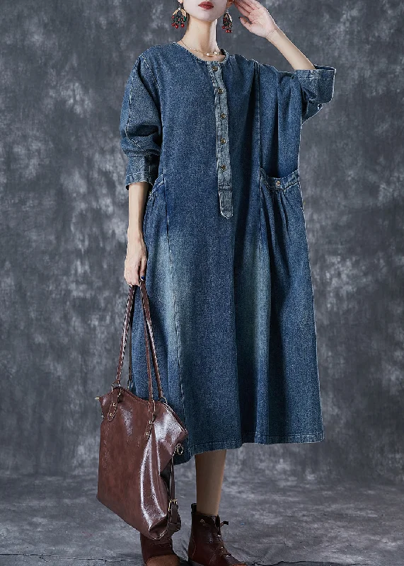 stylish dressStylish Navy Oversized Pockets Denim Robe Dresses Fall