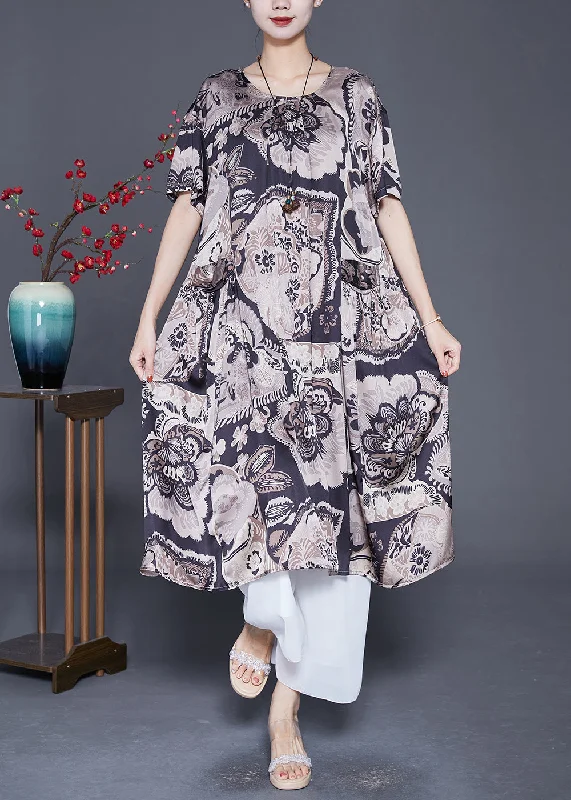 floral midi dressBeautiful Black Oversized Print Silk Maxi Dresses Summer