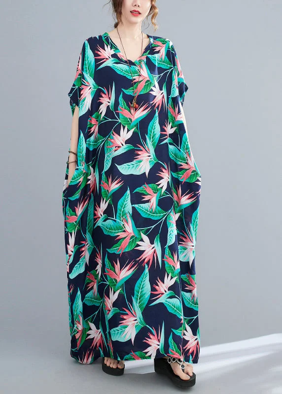 wrap-around dressChic Blue Green V Neck Print Cotton Party Maxi Dress Summer