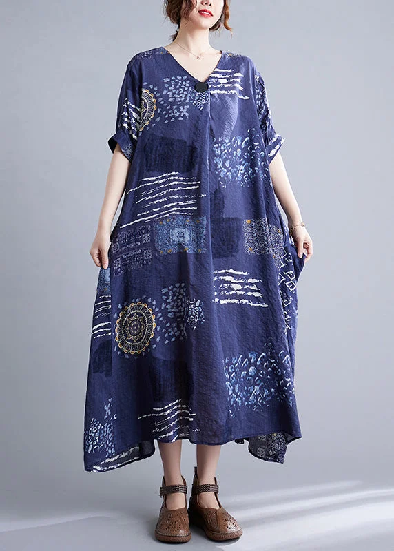 printed dressUnique Blue V Neck Print Maxi Dresses Short Sleeve