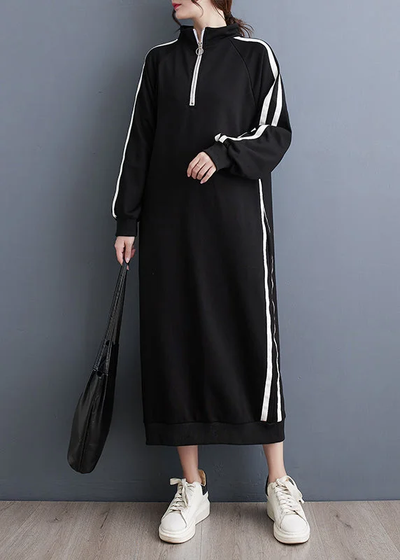 pleated dressItalian Black Zip Up Patchwork Loose Cotton Long Dresses Fall