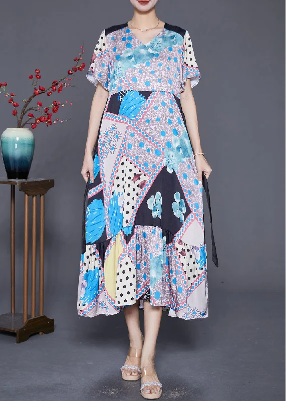 layered dressModern V Neck Ruffles Patchwork Print Silk Dress Summer