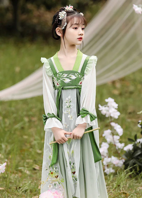 party-ready dressBoutique Green Ruffled Embroideried Patchwork Chiffon Kids Girls Dress Long Sleeve