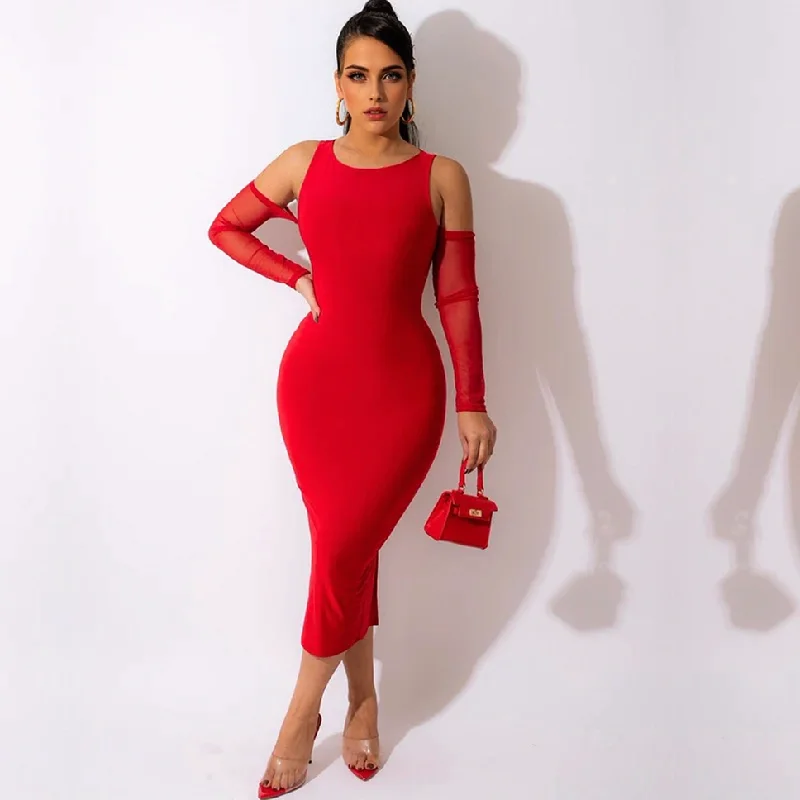 trendy wrap dressJulia Fashion - Sexy Off Shoulder Mesh Long Sleeve Bodycon Midi Dress