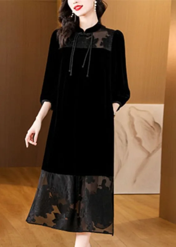 A-line dressLoose Black Tulle Patchwork Side Open Silk Velour Dress Bracelet Sleeve