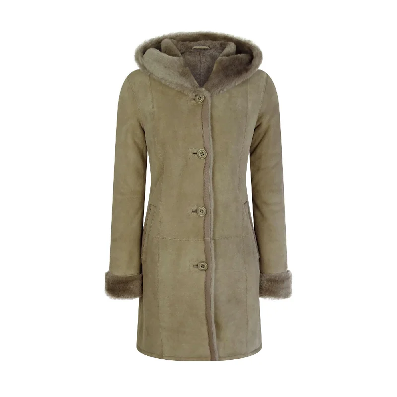 comfortable winter coatWomens Beige 3/4 Long Hood Real Morino Sheepskin Jacket Button Brown