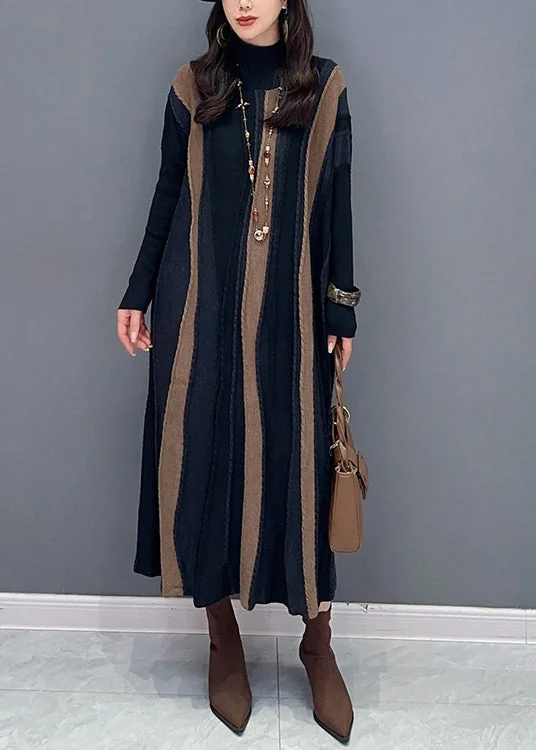 casual midi dressItalian Brown Striped Patchwork Knit Long Dresses Fall