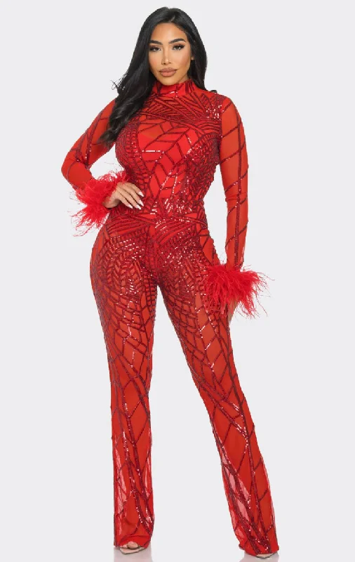 stylish dressRed Sequin Mesh Long Sleeve Jumpsuit