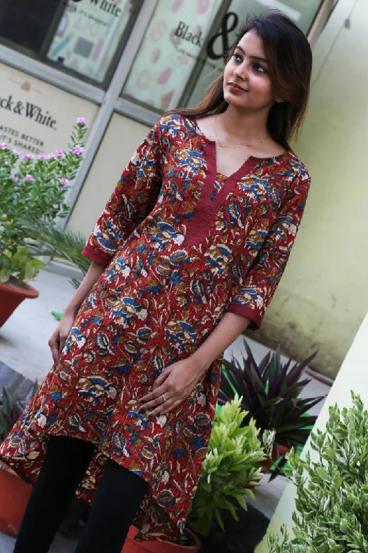 casual evening dressAra Pure Cotton Embroidered Block Print Style Tunic with High Low Hem