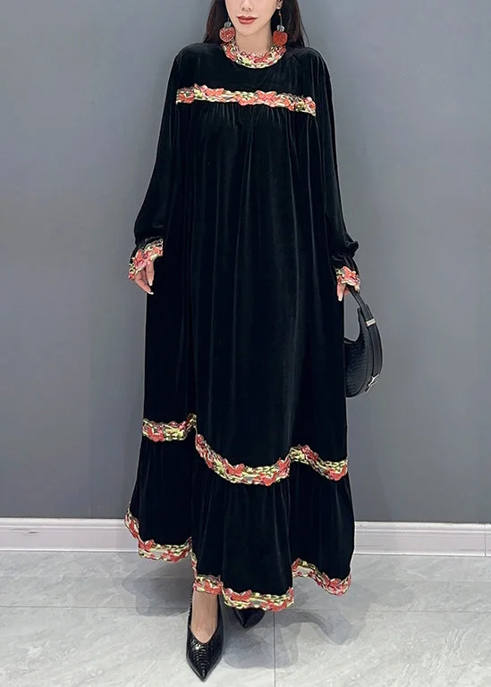 high-waisted dressBlack Patchwork Silk Velvet Stand Collar Long Dress Spring