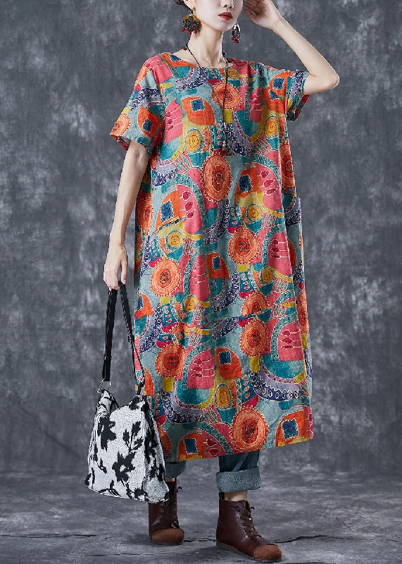 floral dressFitted Orange Oversized Print Linen Maxi Dresses Summer