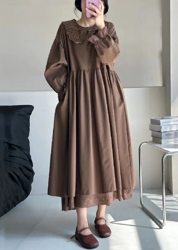 sophisticated dressCoffee Pockets Cotton Long Dresses Peter Pan Collar Long Sleeve