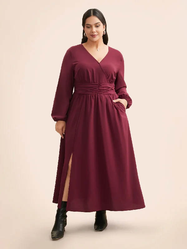 party-ready dressOverlap Collar Ruched Lantern Sleeve Maxi Dress