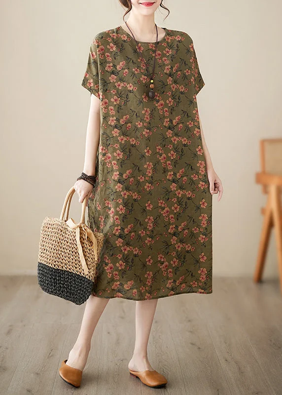 flowy maxi dressGreen O-Neck Cozy Long Dress Short Sleeve