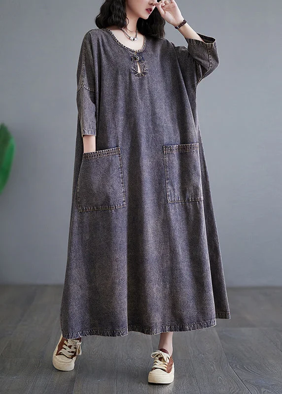 ashionable dressPlus Size Deep Purple O Neck Pockets Denim Long Dress Bracelet Sleeve