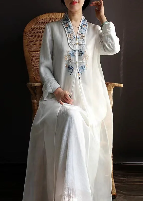 elegant maxi dressChinese Style White Embroideried Tasseled Tulle Long Dress Spring