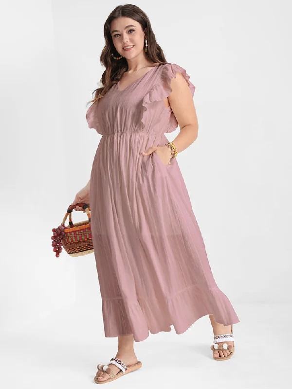 mini dressSolid V Neck Ruffles Split Pocket Maxi Dress